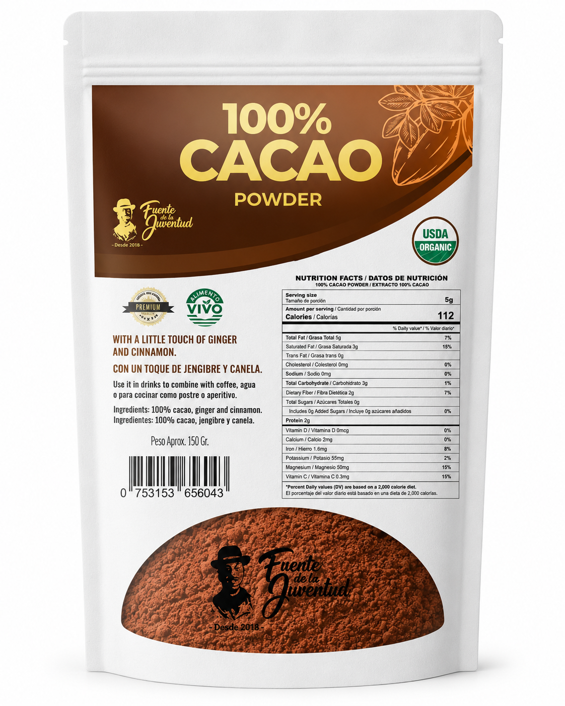 Cacao en Polvo 100% Orgánico – Fuente de la Juventud | 150 g